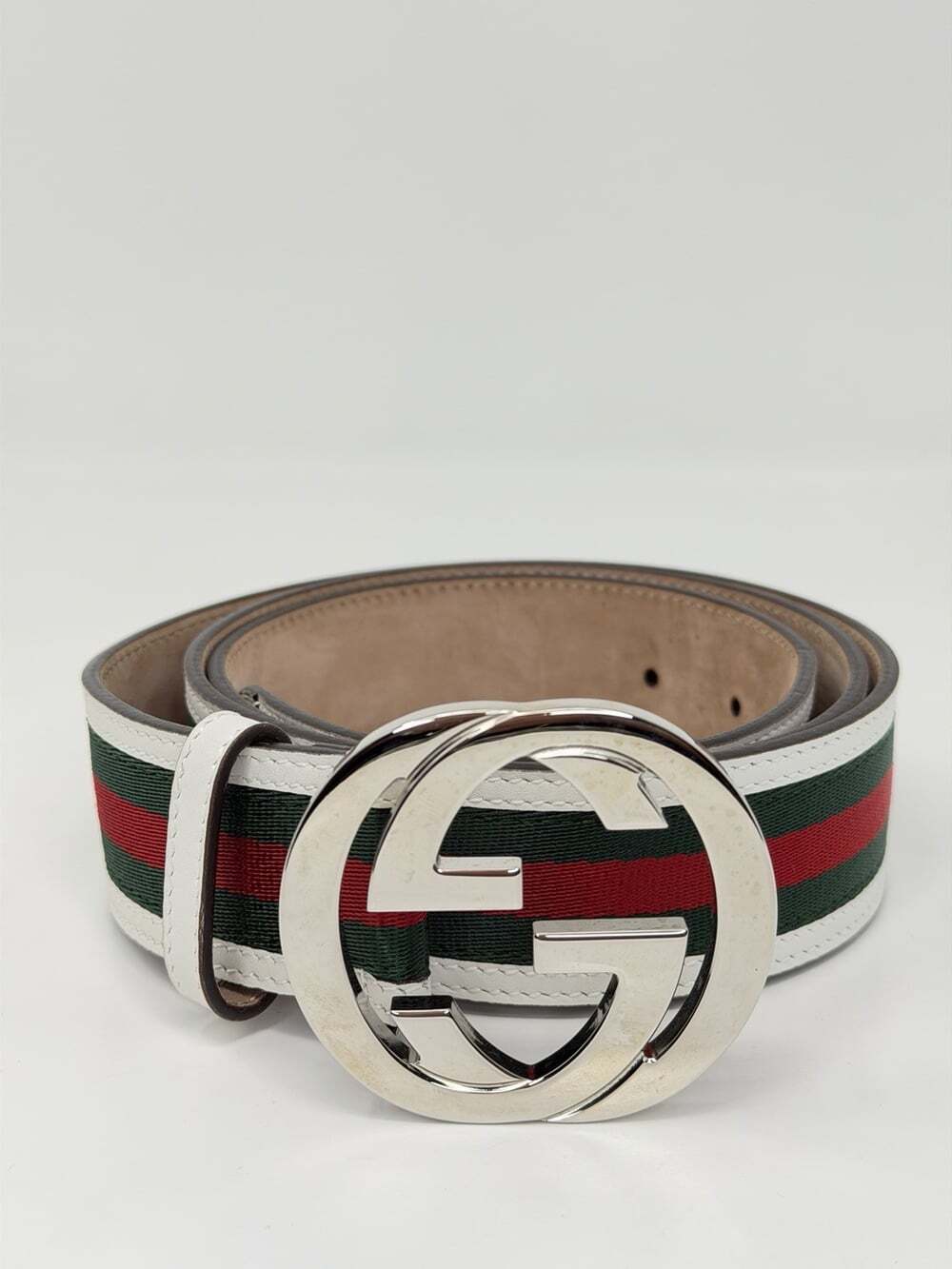 Gucci Interlocking GG Web Stripe Belt Green Red White Silver Buckle Size 110/44